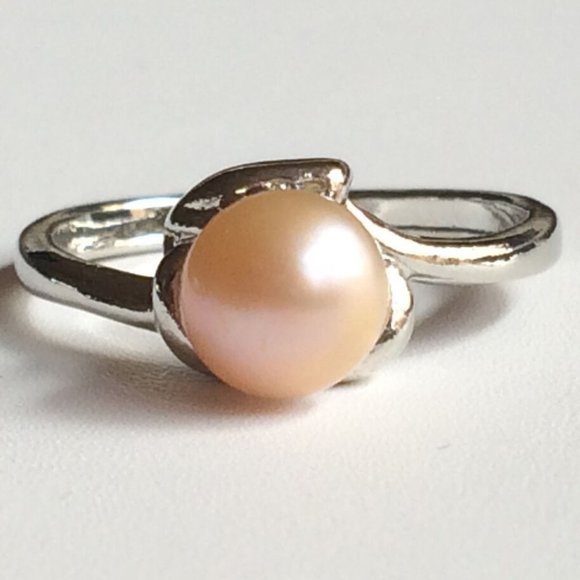 Peach Pearl Ring Solitaire Dainty Size 5 6 7 Vintage Cultured Silver Plated - Picture 2 of 10